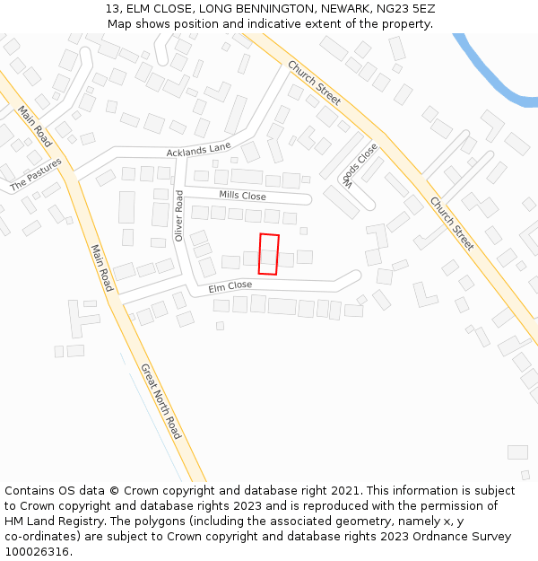 13, ELM CLOSE, LONG BENNINGTON, NEWARK, NG23 5EZ: Location map and indicative extent of plot