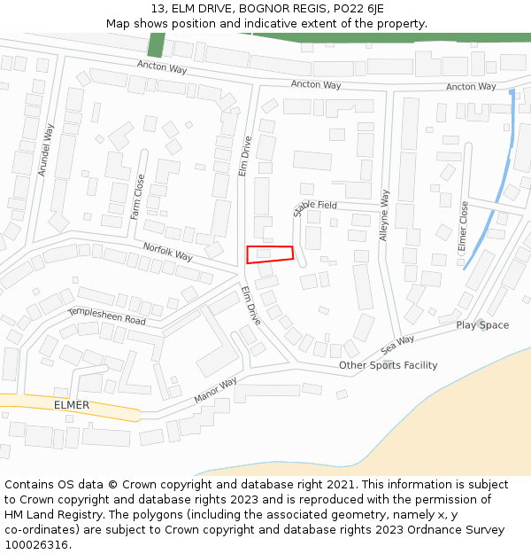 13, ELM DRIVE, BOGNOR REGIS, PO22 6JE: Location map and indicative extent of plot