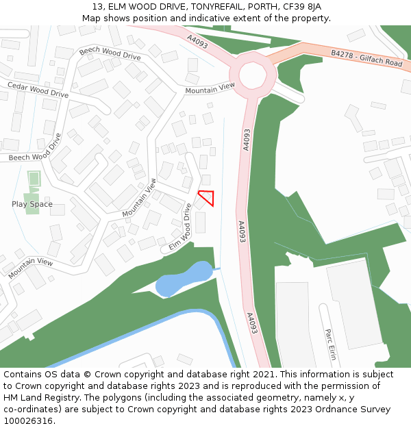 13, ELM WOOD DRIVE, TONYREFAIL, PORTH, CF39 8JA: Location map and indicative extent of plot