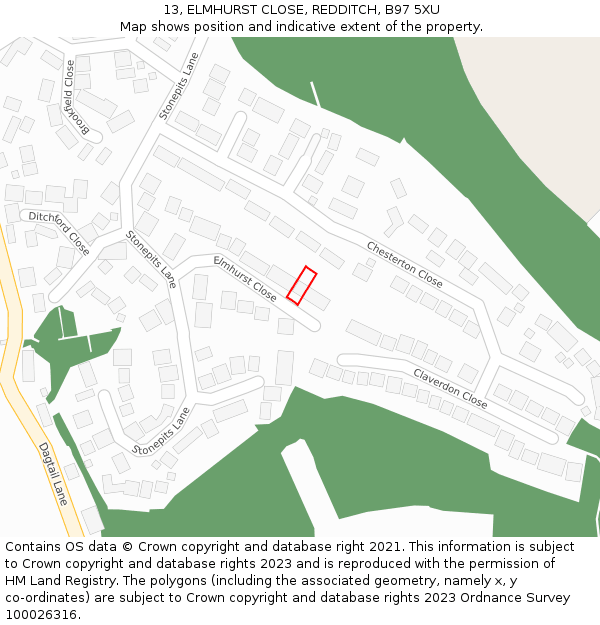 13, ELMHURST CLOSE, REDDITCH, B97 5XU: Location map and indicative extent of plot
