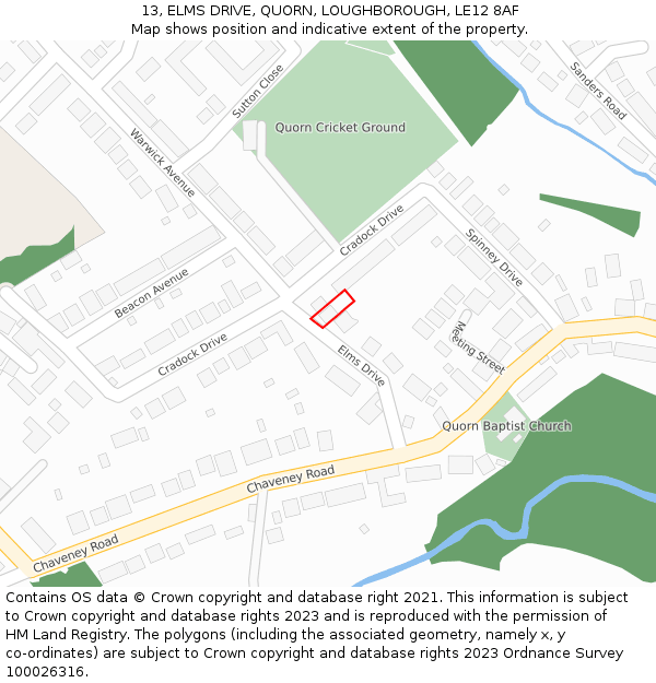 13, ELMS DRIVE, QUORN, LOUGHBOROUGH, LE12 8AF: Location map and indicative extent of plot