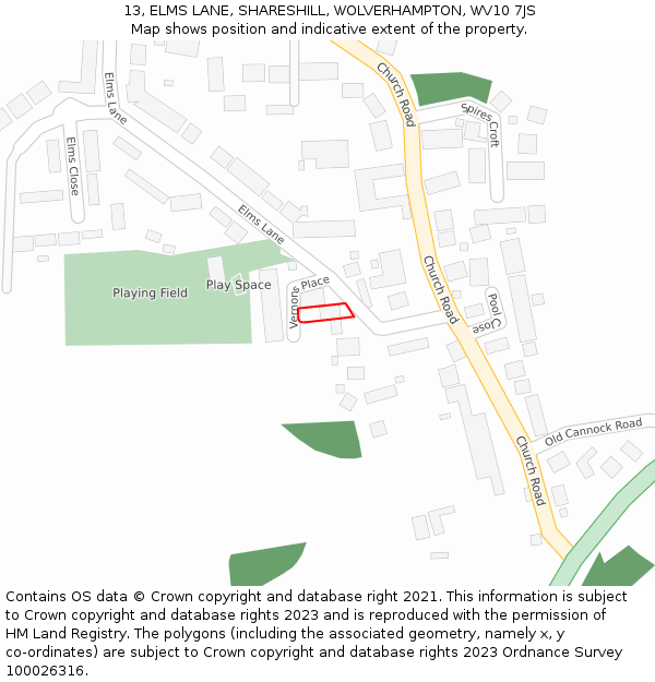 13, ELMS LANE, SHARESHILL, WOLVERHAMPTON, WV10 7JS: Location map and indicative extent of plot