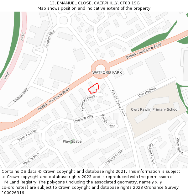 13, EMANUEL CLOSE, CAERPHILLY, CF83 1SG: Location map and indicative extent of plot