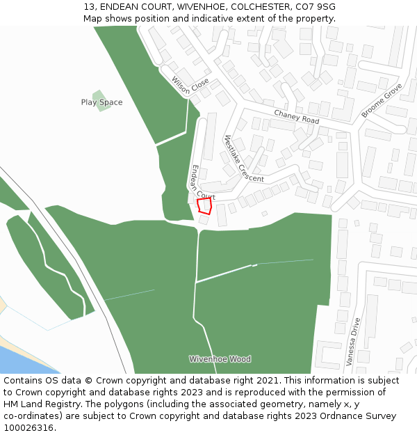 13, ENDEAN COURT, WIVENHOE, COLCHESTER, CO7 9SG: Location map and indicative extent of plot