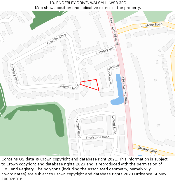 13, ENDERLEY DRIVE, WALSALL, WS3 3PD: Location map and indicative extent of plot