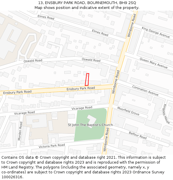 13, ENSBURY PARK ROAD, BOURNEMOUTH, BH9 2SQ: Location map and indicative extent of plot