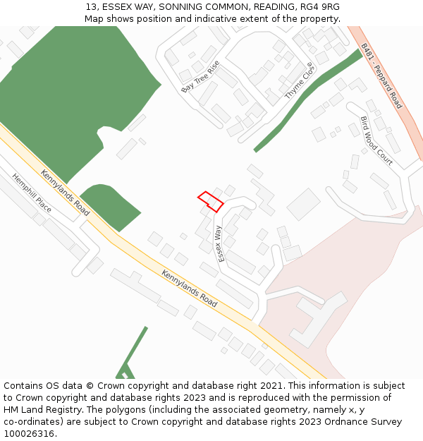 13, ESSEX WAY, SONNING COMMON, READING, RG4 9RG: Location map and indicative extent of plot