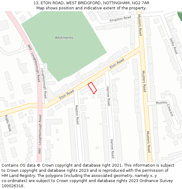 13, ETON ROAD, WEST BRIDGFORD, NOTTINGHAM, NG2 7AR: Location map and indicative extent of plot