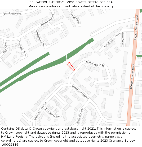 13, FAIRBOURNE DRIVE, MICKLEOVER, DERBY, DE3 0SA: Location map and indicative extent of plot