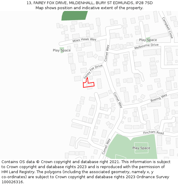 13, FAIREY FOX DRIVE, MILDENHALL, BURY ST EDMUNDS, IP28 7SD: Location map and indicative extent of plot