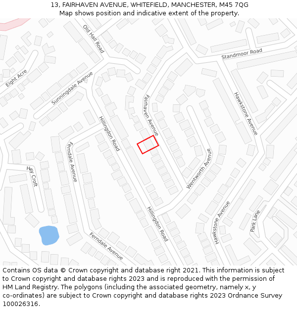 13, FAIRHAVEN AVENUE, WHITEFIELD, MANCHESTER, M45 7QG: Location map and indicative extent of plot