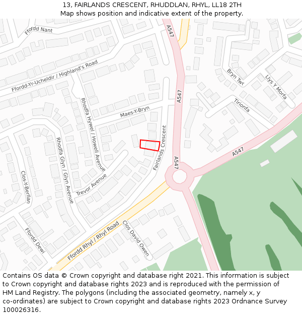 13, FAIRLANDS CRESCENT, RHUDDLAN, RHYL, LL18 2TH: Location map and indicative extent of plot