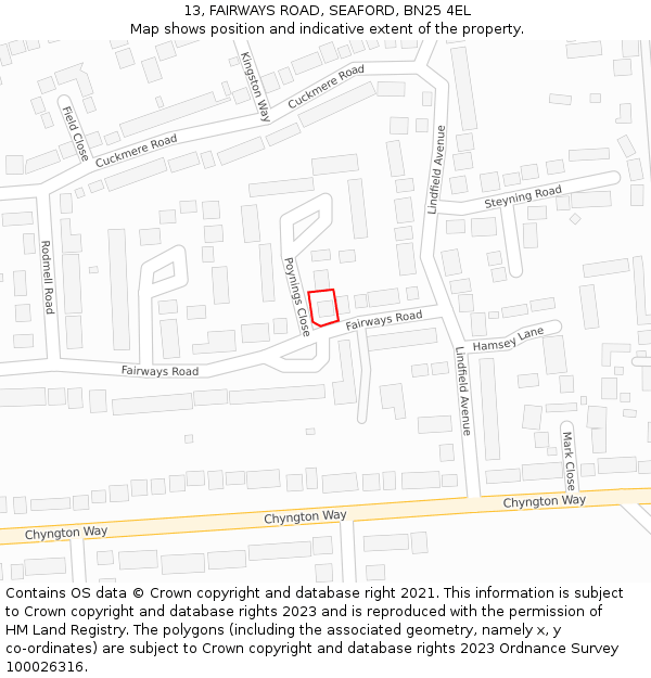 13, FAIRWAYS ROAD, SEAFORD, BN25 4EL: Location map and indicative extent of plot