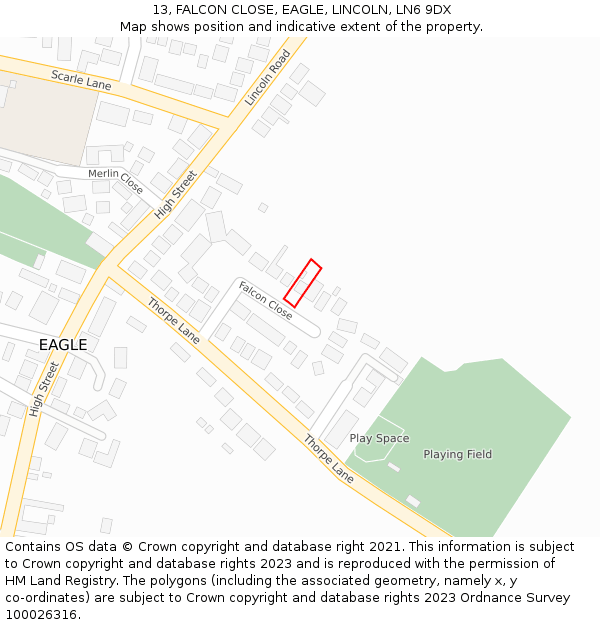 13, FALCON CLOSE, EAGLE, LINCOLN, LN6 9DX: Location map and indicative extent of plot