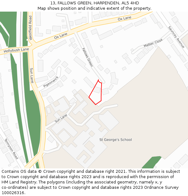 13, FALLOWS GREEN, HARPENDEN, AL5 4HD: Location map and indicative extent of plot