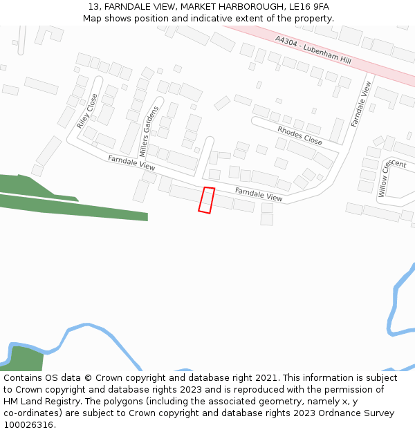 13, FARNDALE VIEW, MARKET HARBOROUGH, LE16 9FA: Location map and indicative extent of plot