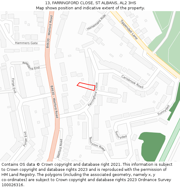 13, FARRINGFORD CLOSE, ST ALBANS, AL2 3HS: Location map and indicative extent of plot