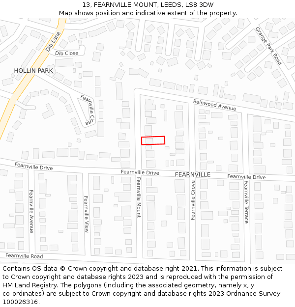 13, FEARNVILLE MOUNT, LEEDS, LS8 3DW: Location map and indicative extent of plot