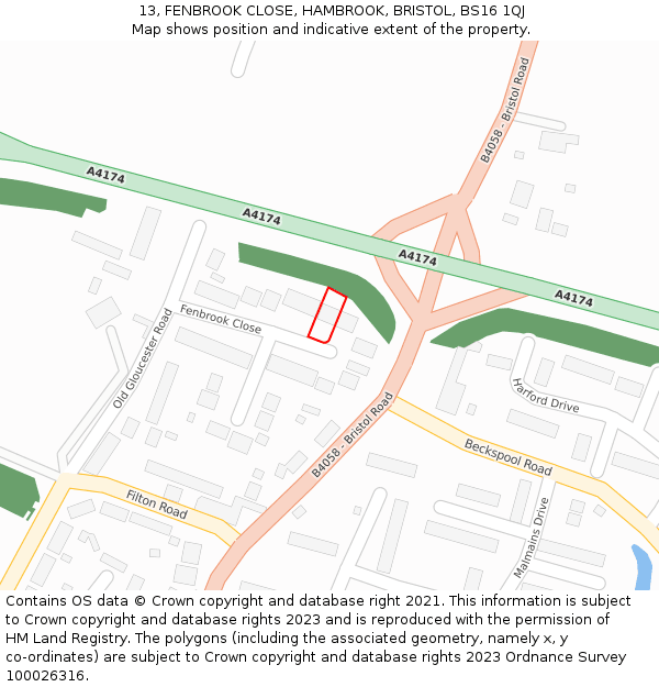 13, FENBROOK CLOSE, HAMBROOK, BRISTOL, BS16 1QJ: Location map and indicative extent of plot