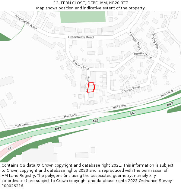 13, FERN CLOSE, DEREHAM, NR20 3TZ: Location map and indicative extent of plot