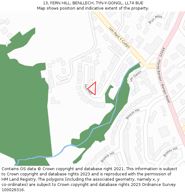 13, FERN HILL, BENLLECH, TYN-Y-GONGL, LL74 8UE: Location map and indicative extent of plot