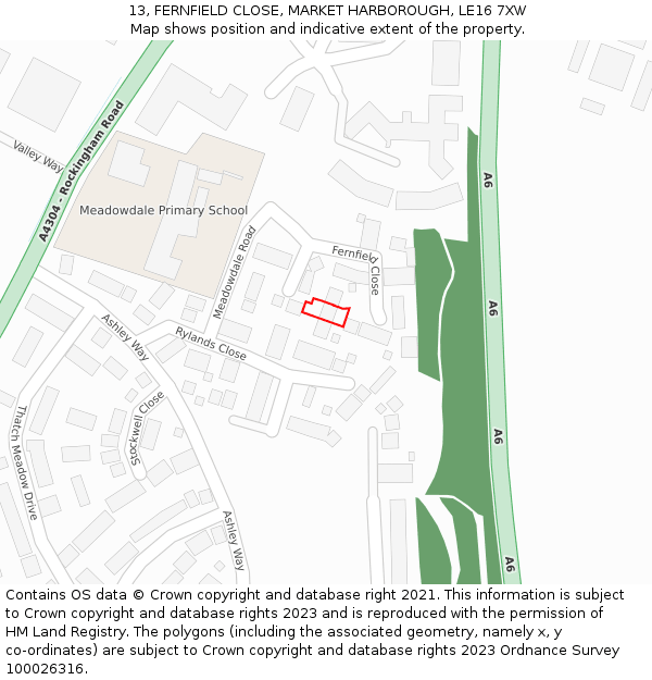 13, FERNFIELD CLOSE, MARKET HARBOROUGH, LE16 7XW: Location map and indicative extent of plot