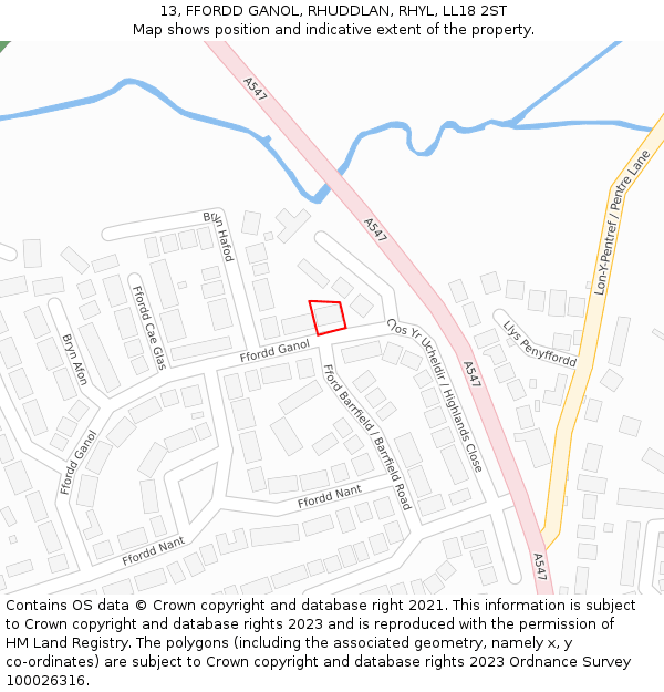 13, FFORDD GANOL, RHUDDLAN, RHYL, LL18 2ST: Location map and indicative extent of plot