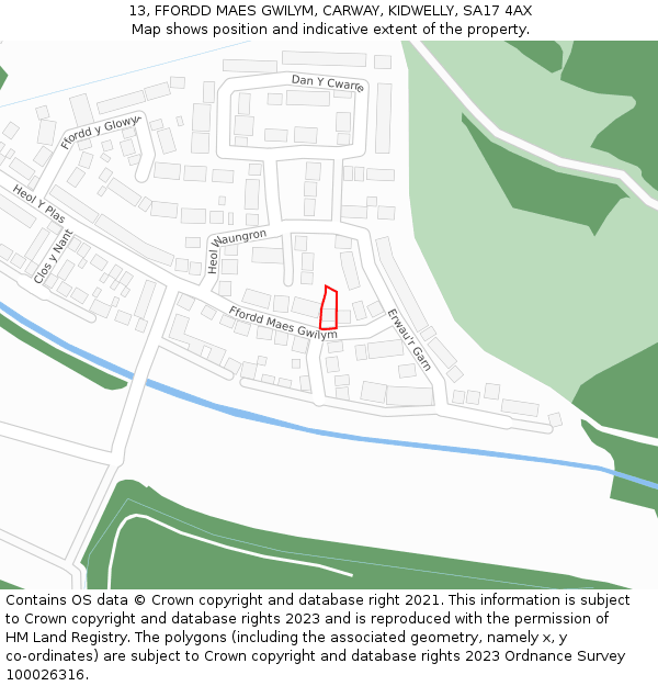 13, FFORDD MAES GWILYM, CARWAY, KIDWELLY, SA17 4AX: Location map and indicative extent of plot