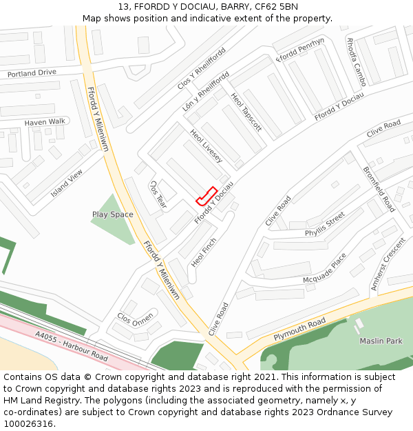 13, FFORDD Y DOCIAU, BARRY, CF62 5BN: Location map and indicative extent of plot