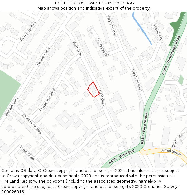 13, FIELD CLOSE, WESTBURY, BA13 3AG: Location map and indicative extent of plot