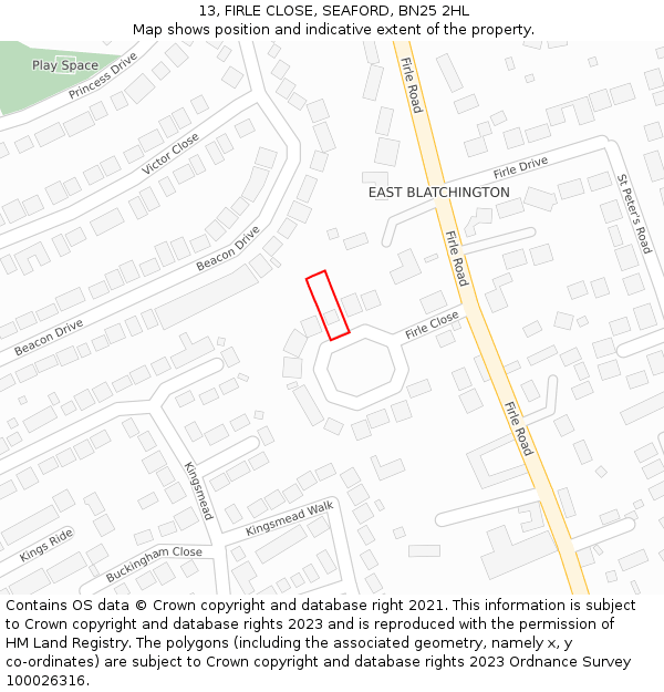 13, FIRLE CLOSE, SEAFORD, BN25 2HL: Location map and indicative extent of plot