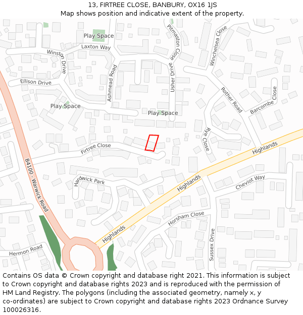 13, FIRTREE CLOSE, BANBURY, OX16 1JS: Location map and indicative extent of plot