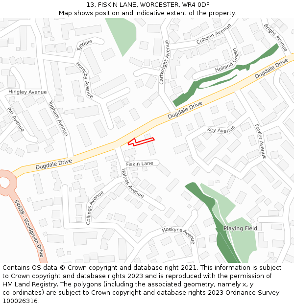 13, FISKIN LANE, WORCESTER, WR4 0DF: Location map and indicative extent of plot