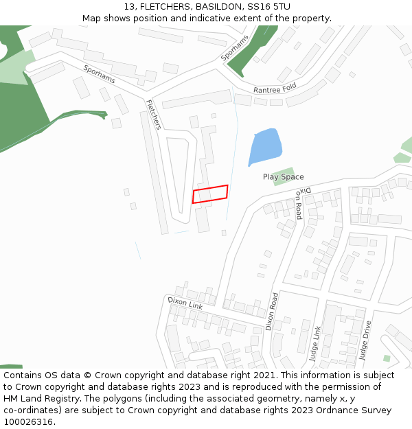 13, FLETCHERS, BASILDON, SS16 5TU: Location map and indicative extent of plot
