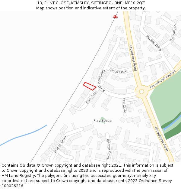 13, FLINT CLOSE, KEMSLEY, SITTINGBOURNE, ME10 2QZ: Location map and indicative extent of plot