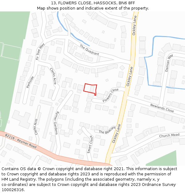 13, FLOWERS CLOSE, HASSOCKS, BN6 8FF: Location map and indicative extent of plot