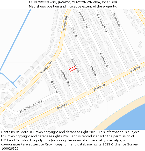 13, FLOWERS WAY, JAYWICK, CLACTON-ON-SEA, CO15 2EP: Location map and indicative extent of plot