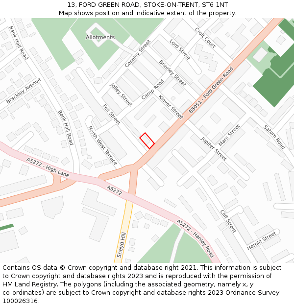 13, FORD GREEN ROAD, STOKE-ON-TRENT, ST6 1NT: Location map and indicative extent of plot