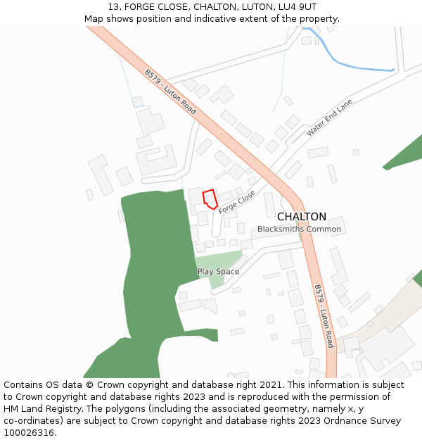 13, FORGE CLOSE, CHALTON, LUTON, LU4 9UT: Location map and indicative extent of plot