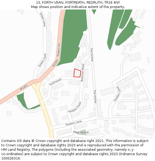 13, FORTH VEAN, PORTREATH, REDRUTH, TR16 4NY: Location map and indicative extent of plot