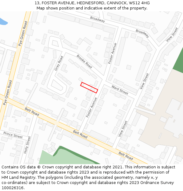 13, FOSTER AVENUE, HEDNESFORD, CANNOCK, WS12 4HG: Location map and indicative extent of plot