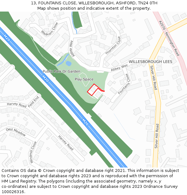 13, FOUNTAINS CLOSE, WILLESBOROUGH, ASHFORD, TN24 0TH: Location map and indicative extent of plot