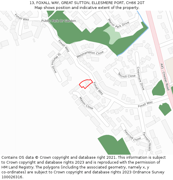 13, FOXALL WAY, GREAT SUTTON, ELLESMERE PORT, CH66 2GT: Location map and indicative extent of plot