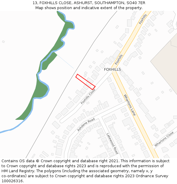 13, FOXHILLS CLOSE, ASHURST, SOUTHAMPTON, SO40 7ER: Location map and indicative extent of plot