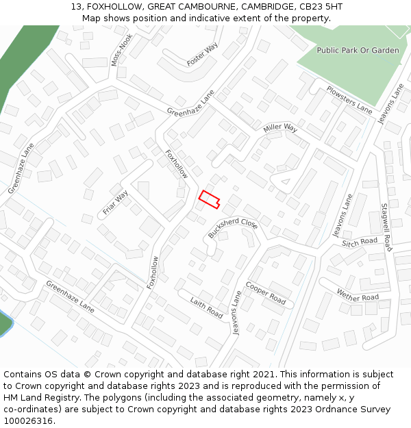 13, FOXHOLLOW, GREAT CAMBOURNE, CAMBRIDGE, CB23 5HT: Location map and indicative extent of plot