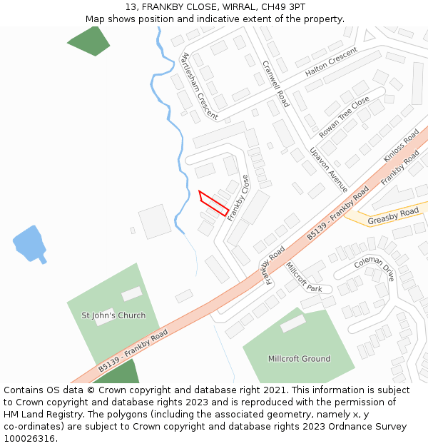 13, FRANKBY CLOSE, WIRRAL, CH49 3PT: Location map and indicative extent of plot