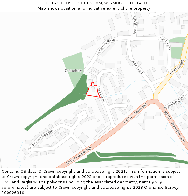 13, FRYS CLOSE, PORTESHAM, WEYMOUTH, DT3 4LQ: Location map and indicative extent of plot