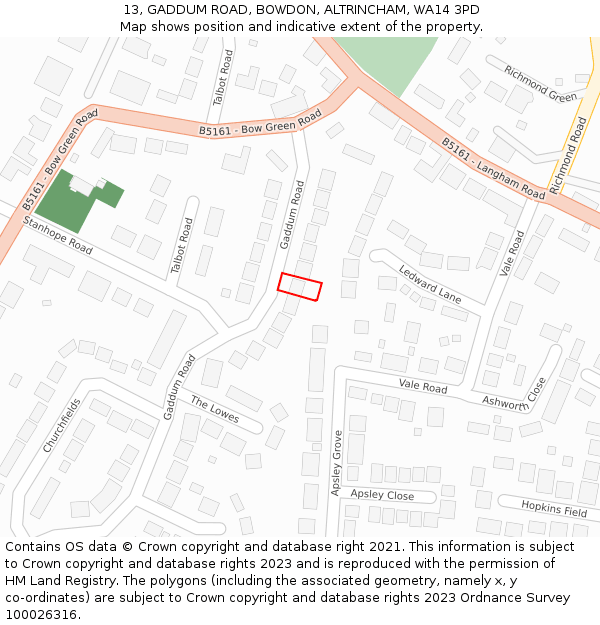 13, GADDUM ROAD, BOWDON, ALTRINCHAM, WA14 3PD: Location map and indicative extent of plot