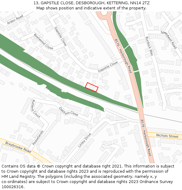 13, GAPSTILE CLOSE, DESBOROUGH, KETTERING, NN14 2TZ: Location map and indicative extent of plot