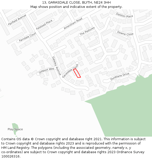 13, GARASDALE CLOSE, BLYTH, NE24 3HH: Location map and indicative extent of plot